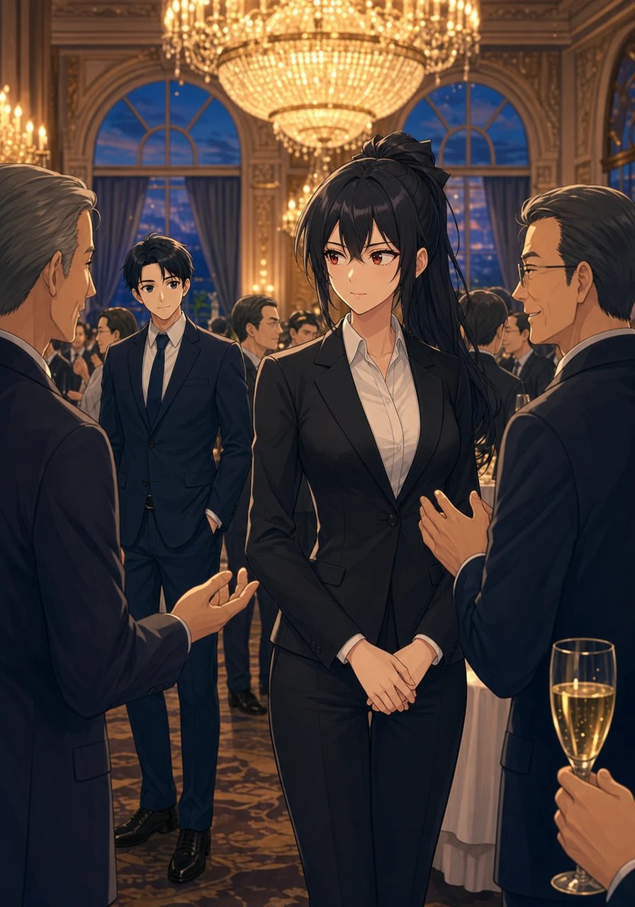 As twilight fell, the grand celebration moved to an elegant banquet hall where Tokyo's business leaders offered high praise for Ibuki's visionary leadership. Despite her youth and the demanding corporate world, Ibuki commanded immense respect from her peers, remaining poised and regal throughout the evening. Yet throughout the night, her eyes continually sought out Shuji, her heart anchored entirely in her complete devotion to him.