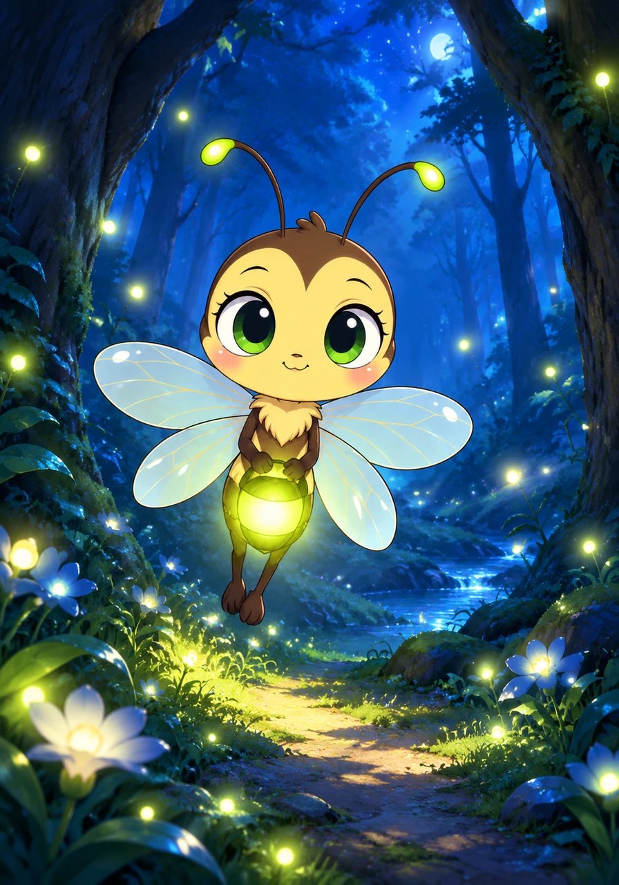 In the Sky Blue Forest lived Lumi, a tiny firefly so small she could sleep inside a single flower blossom. Every night, she turned on her little green lantern and fluttered softly between the tall trees. Lumi could not illuminate the entire forest, but she always brightened the path for anyone in need.