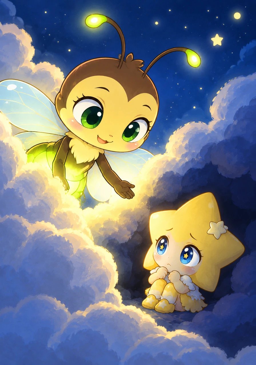 One evening, Lumi noticed a unusually dark and quiet corner high up in the night sky. Hiding behind a fluffy cloud, she discovered a small star curled up nervously. Lumi kindly introduced herself, but the little star timidly replied that her name was Twinkle and that she was afraid to shine.