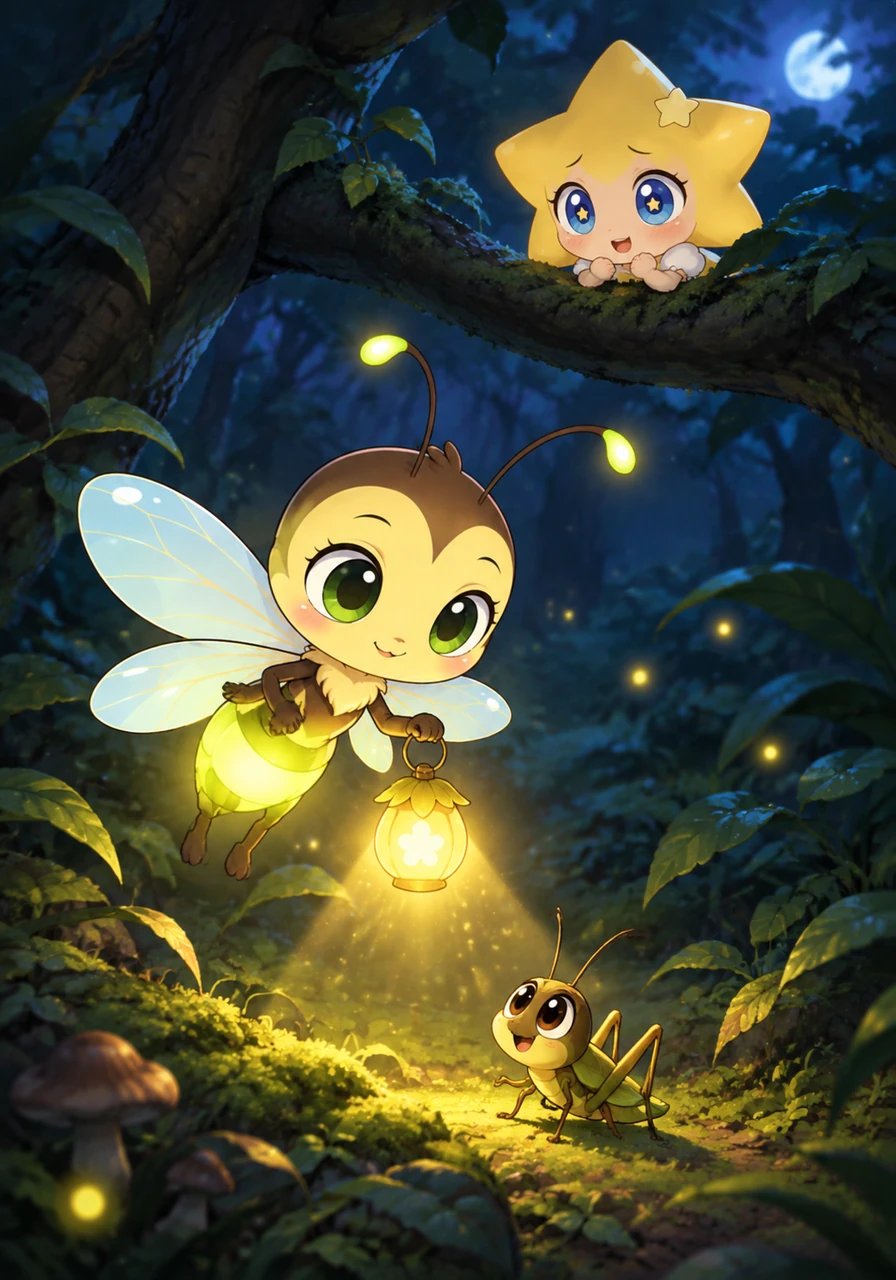 Lumi shared that her own lantern was tiny too, yet it still mattered. Just then, a little cricket called out from the dark woods, asking for help finding his cozy home. Lumi flew down instantly, using her small light to guide the cricket safely along the dark forest floor while Twinkle watched in wonder from high above.