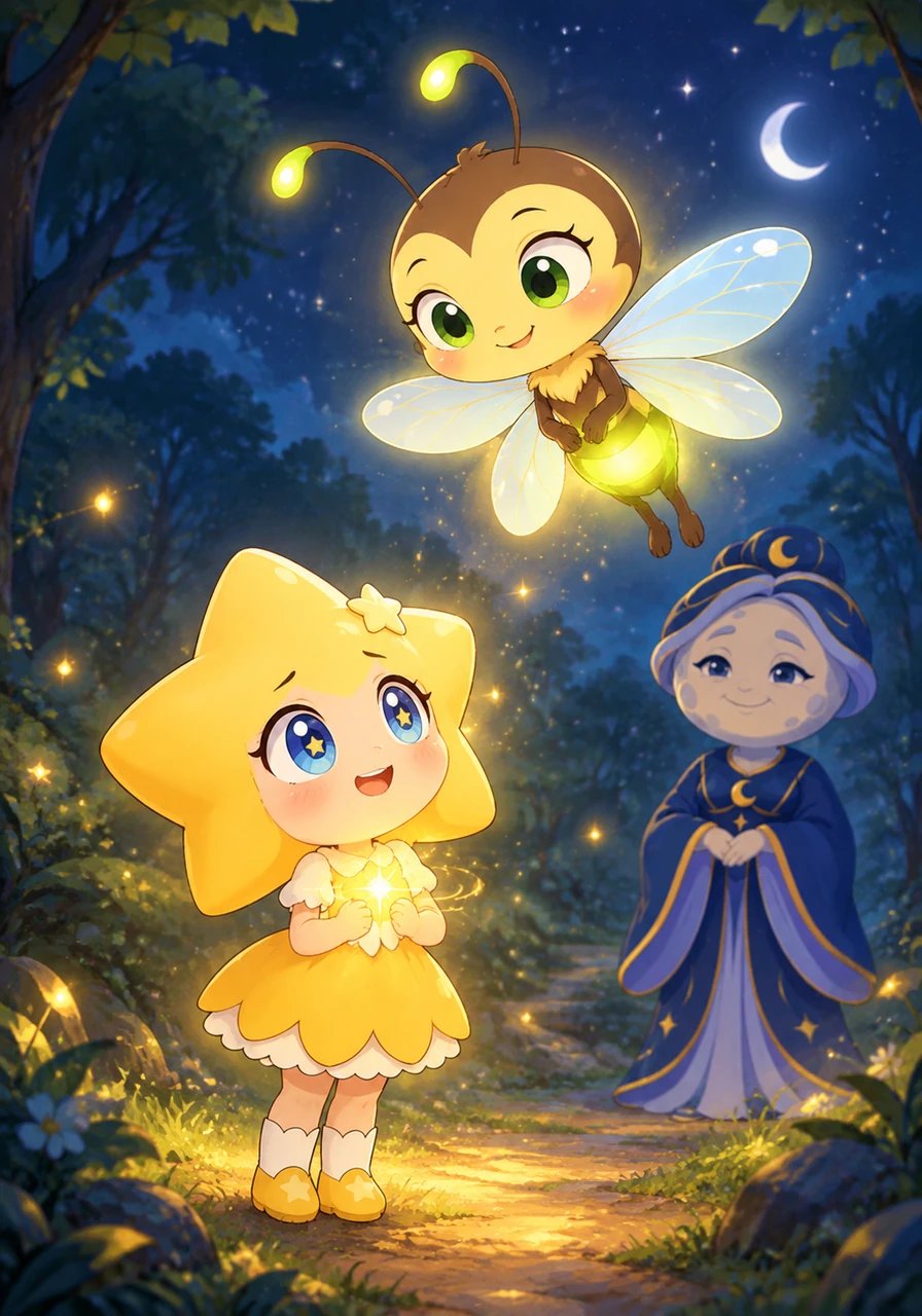 When Lumi returned to the sky, Twinkle was amazed that such a small light could make such a big difference. Lumi smiled and explained that a light does not need to fill the whole forest, but only illuminate the path that needs to be seen. Inside Twinkle's heart, a warm golden spark began to flicker.