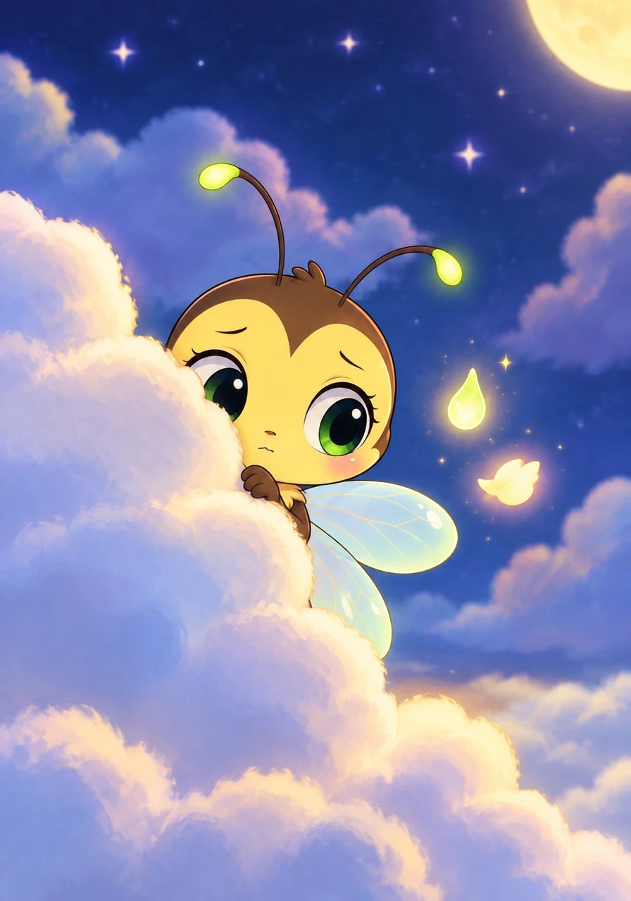 Twinkle took a deep breath and decided to try. First, she released a glow as small as a teardrop, and then a sparkle as delicate as a flower petal. But when she tried to shine a little brighter, she got startled and quickly hid back behind her cloud.