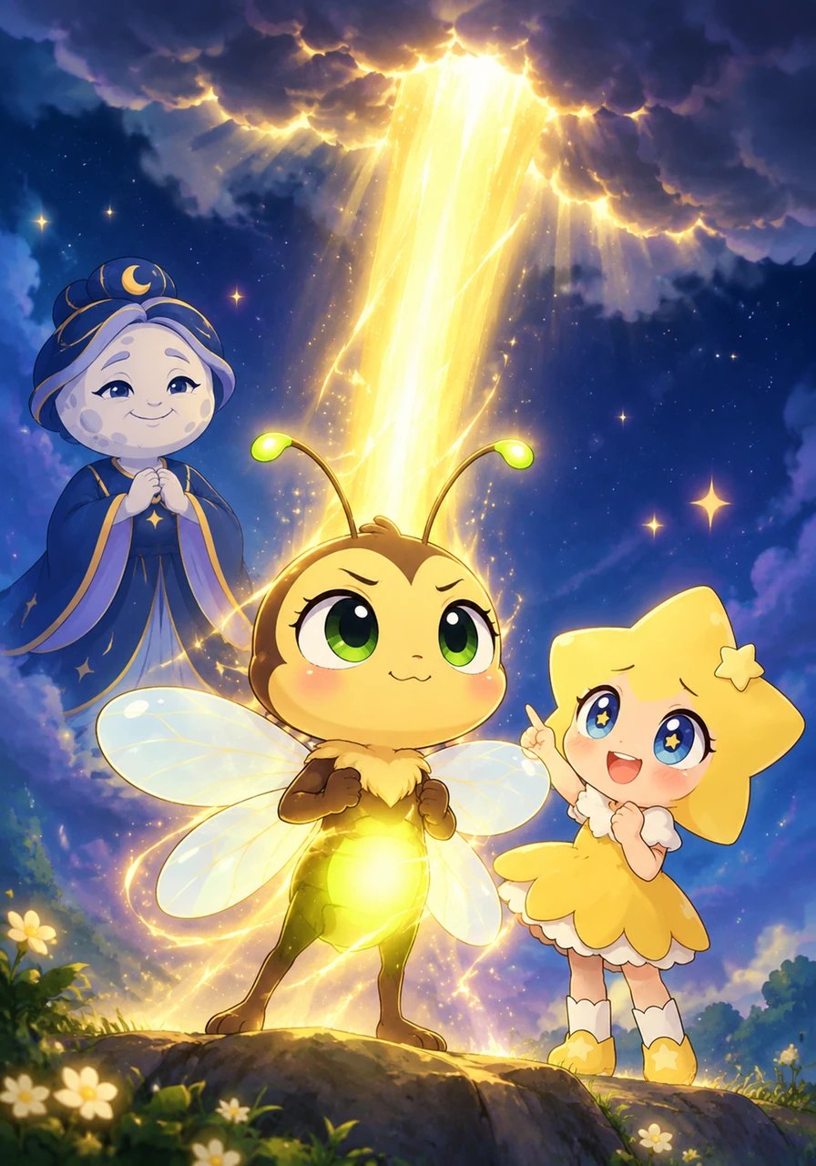 Twinkle felt disappointed and lamented that she had failed, but Lumi cheered her on, pointing out that she had successfully shone three whole times. Realizing Lumi was right, Twinkle took another deep breath and tried again, growing her light step by step until a brilliant golden beam broke through the cloud.