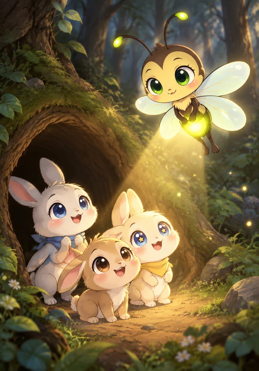Down on the forest floor, three lost little bunnies saw Twinkle's warm golden beam and happily found their way back to their burrow. Hearing their cheerful thanks, Twinkle's heart glowed warmer than ever, and she realized no one was laughing at her tiny light.