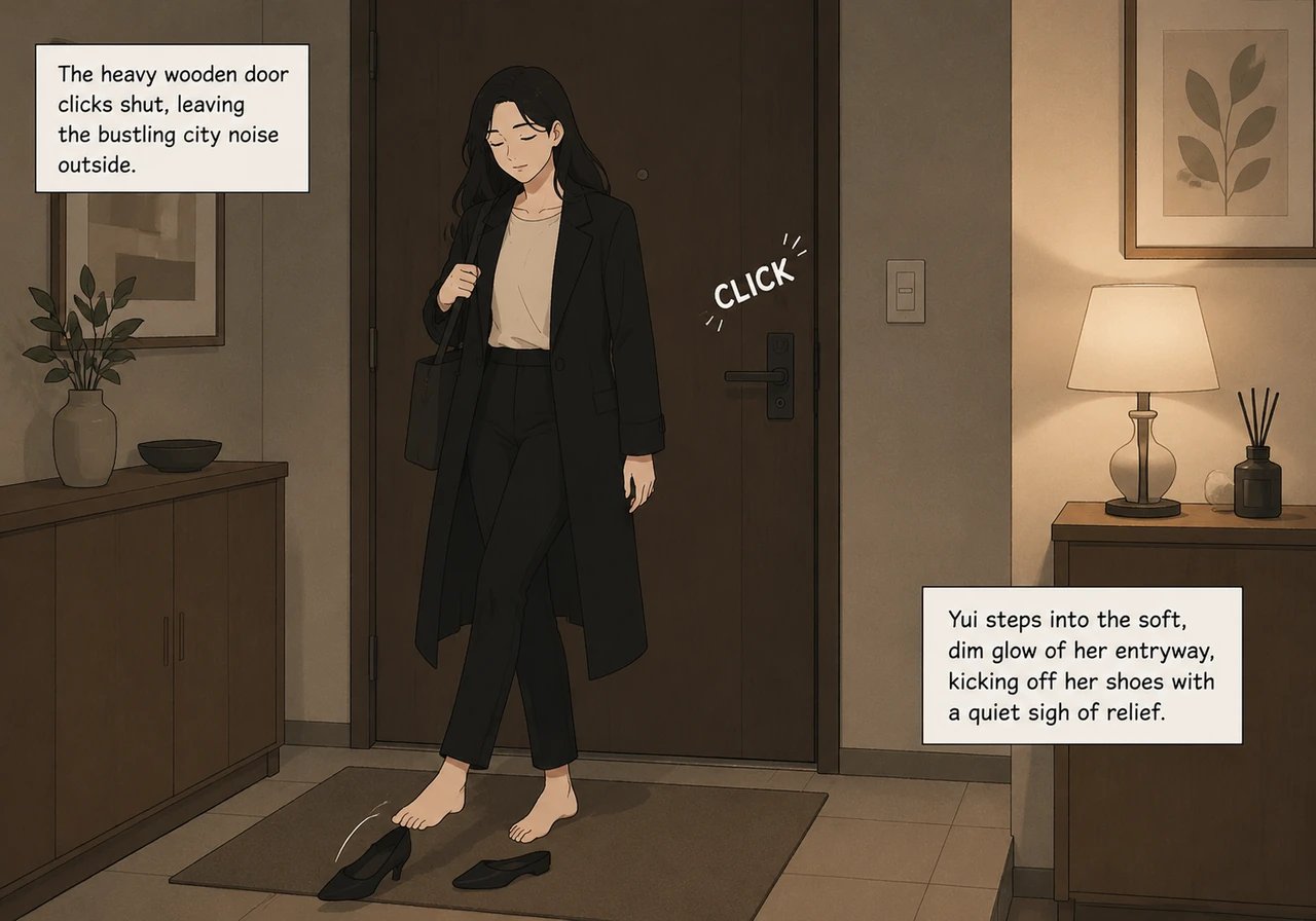 The heavy wooden door clicks shut, leaving the bustling city noise outside. Yui steps into the soft, dim glow of her entryway, kicking off her shoes w