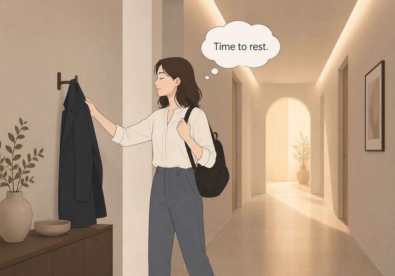 Walking through the minimalist hallway, the ambient lighting guides her steps toward a evening of much-needed rest. She hangs up her coat, consciously