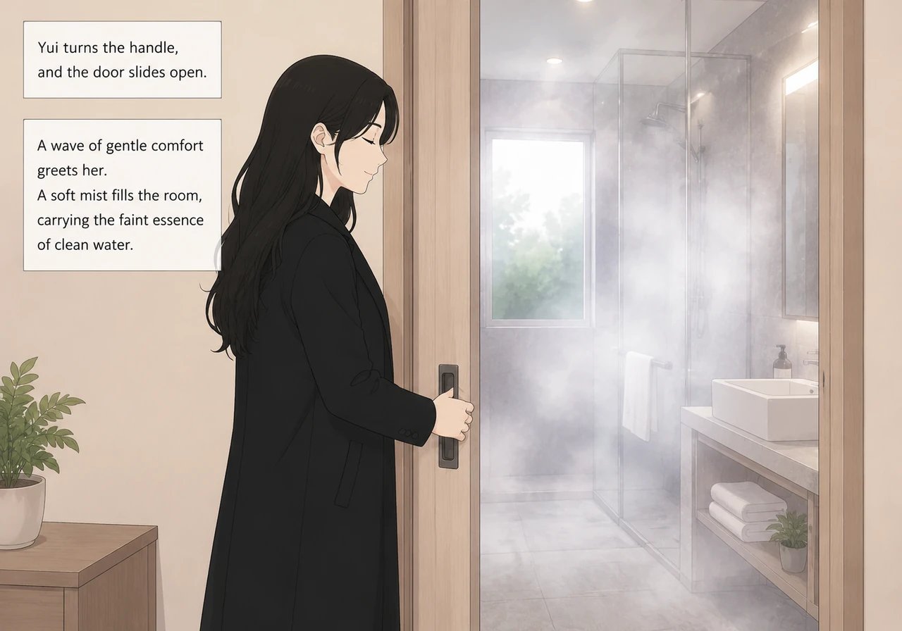 As her hand gently turns the bathroom handle, a wave of gentle comfort greets her. The door slides open to reveal a room filled with a soft, ethereal