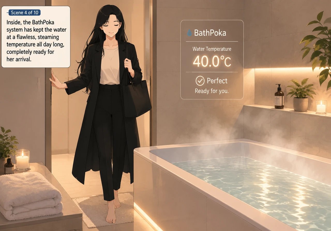 Inside, the BathPoka system has kept the water at a flawless, steaming temperature all day long, completely ready for her arrival. The inviting glow o