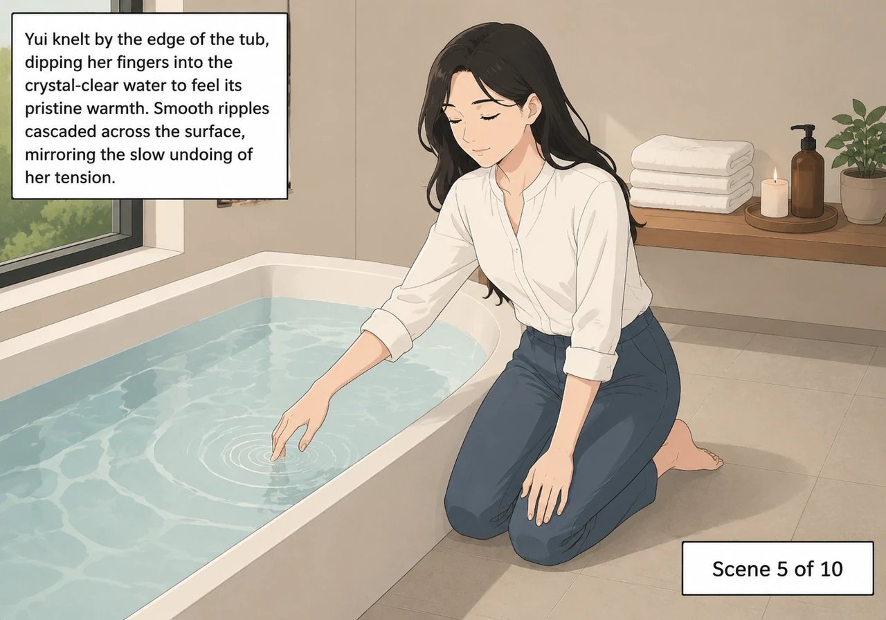 Yui kneels by the edge of the tub, dipping her fingers into the crystal-clear water to feel its pristine warmth. Smooth ripples cascade across the sur