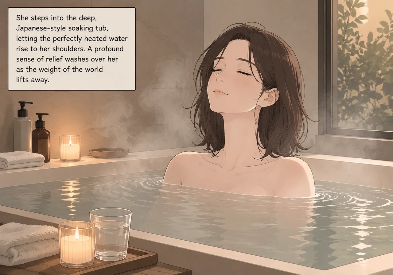 She steps into the deep, Japanese-style soaking tub, letting the perfectly heated water rise to her shoulders. A profound sense of relief washes over