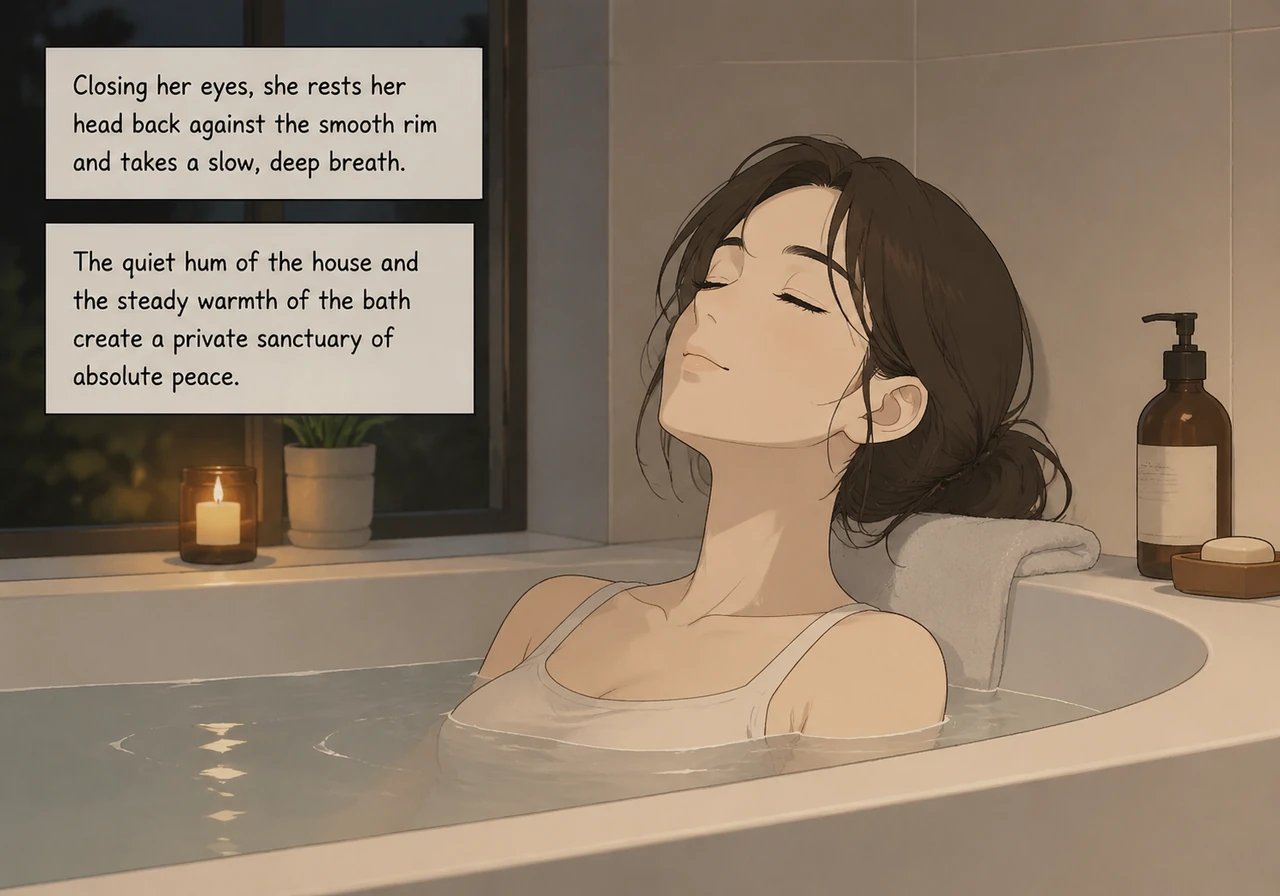 Closing her eyes, she rests her head back against the smooth rim and takes a slow, deep breath. The quiet hum of the house and the steady warmth of th