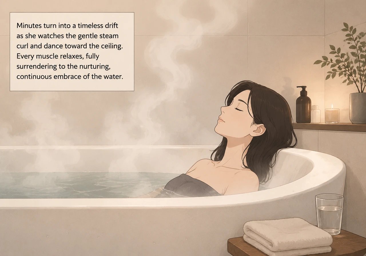 Minutes turn into a timeless drift as she watches the gentle steam curl and dance toward the ceiling. Every muscle relaxes, fully surrendering to the