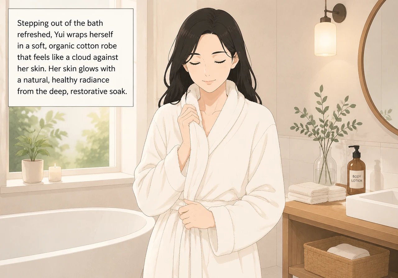 Stepping out of the bath refreshed, Yui wraps herself in a soft, organic cotton robe that feels like a cloud against her skin. Her skin glows with a n