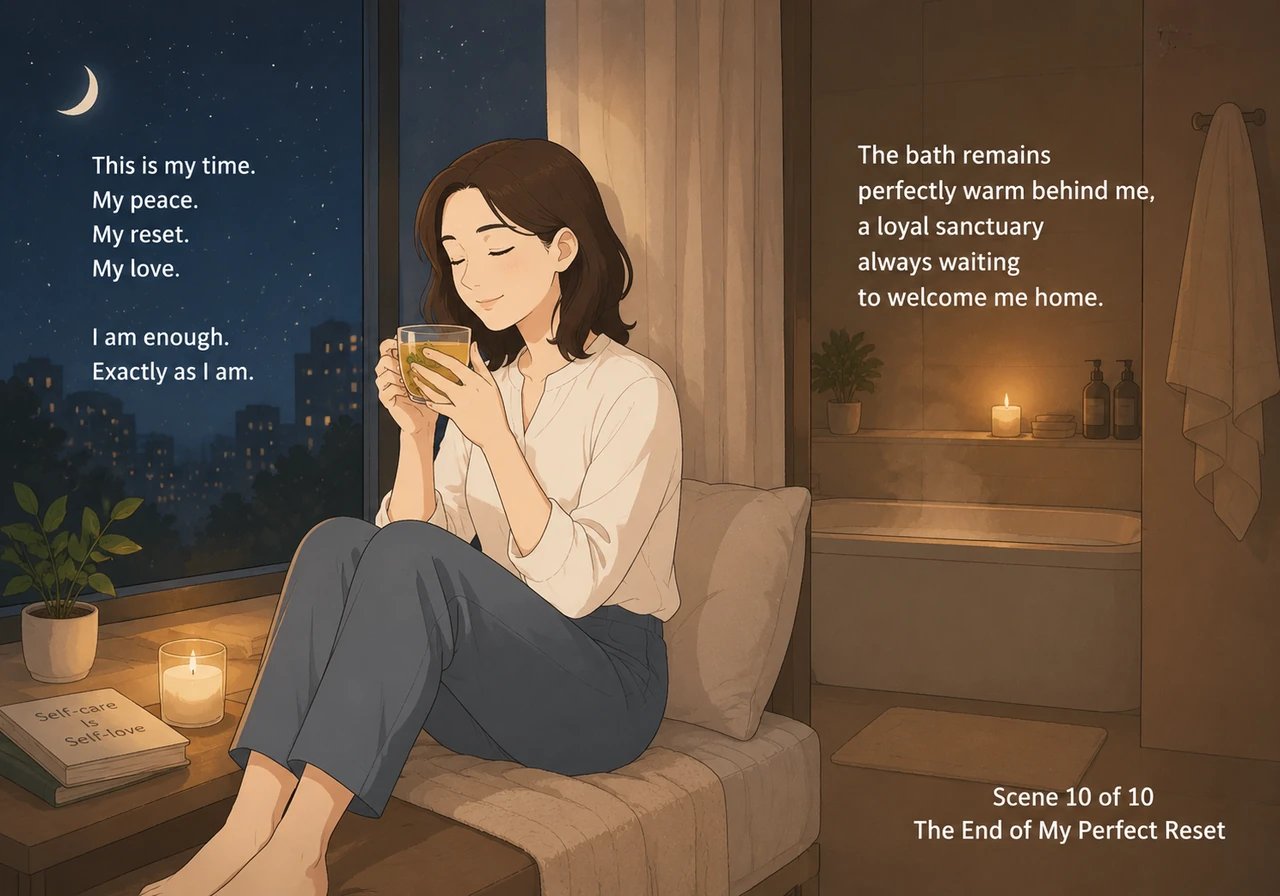 Sitting by the window with a warm cup of herbal tea, she looks out at the quiet night sky in complete contentment. The bath remains perfectly warm beh