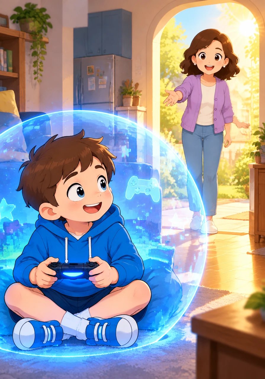 From the sunny kitchen nearby, his mother called out to invite him outdoors into the bright afternoon. Warm sunlight streamed through the kitchen archway, but Leo remained happily anchored inside his cool blue light bubble. He muttered that he couldn't leave his game now without losing everything he worked for.