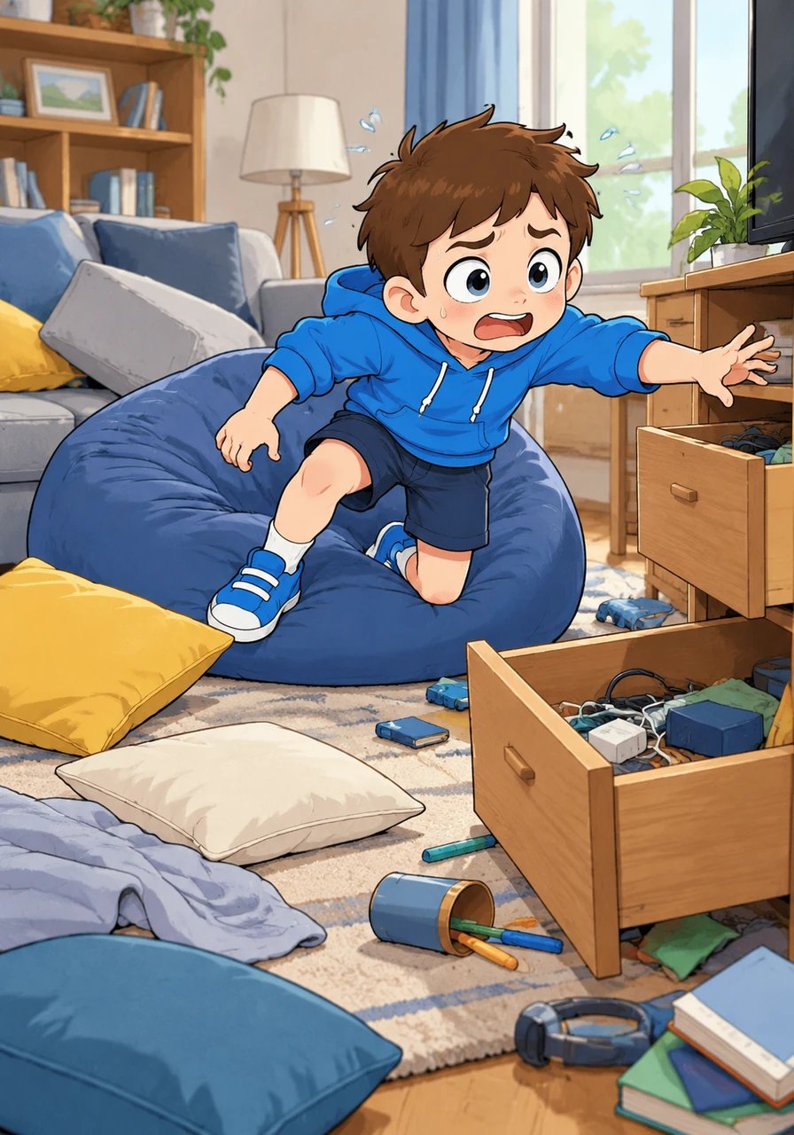Leo launched himself out of the beanbag chair and frantically searched the room for a charging cord. He tossed sofa cushions aside, peered under furniture, and desperately rummaged through drawers. Every second counted as the battery power ticked down lower and lower.