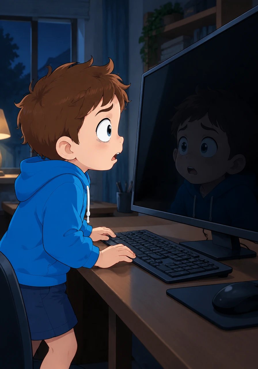 The glowing screen gave one last feeble pulse of light before fading into complete darkness. Leo stood frozen, staring into the dark glass at his own pale and startled reflection. His grand digital kingdom had disappeared in an instant, leaving him in total shock.