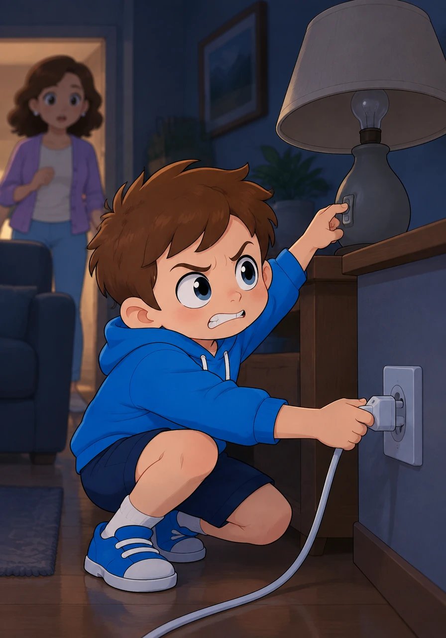 Refusing to give up, Leo shoved the charging plug firmly into the nearest wall outlet. He flipped the nearby lamp switch back and forth, but no bright bulb illuminated the room. Not a single spark of electricity responded to his touch.
