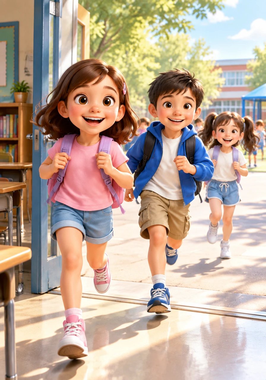 Die Schulglocke klingelt laut. Endlich ist die große Pause da! Mia und Tim laufen schnell aus dem Klassenzimmer der 2a. Draußen scheint die Sonne warm auf den Schulhof.