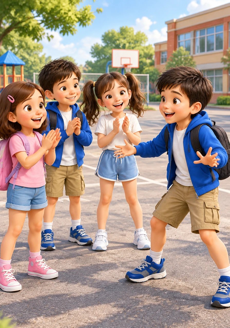 Auf dem Schulhof treffen sie ihre Freunde Emma und Jonas. Zusammen überlegen sie, was sie heute spielen wollen. Jonas schlägt ein tolles Fangspiel vor. Alle klatschen begeistert in die Hände.