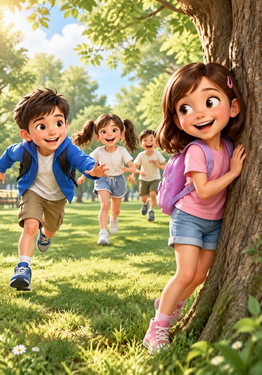 Emma versteckt sich flink hinter dem großen Baum. Aber Jonas hat sie schnell entdeckt und läuft ihr hinterher. Alle Kinder lachen laut im Sonnenschein.