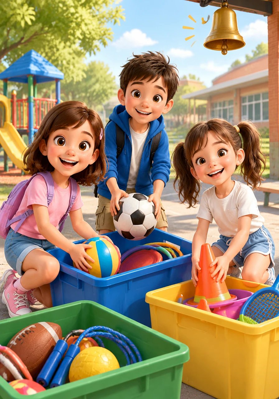 Die Glocke klingelt und kündigt das Ende der Pause an. Glücklich räumen die Kinder alle Spielsachen wieder ein. Alle freuen sich schon auf die nächste Pause.