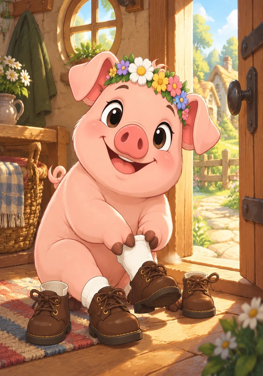 Barnaby was not your ordinary little pig. Every morning before setting out to explore, he carefully pulled four cozy white socks onto his trotters and laced up four sturdy, dark brown adventure shoes. With a joyful snort, he trotted out the door, ready for whatever wonders the day might hold.