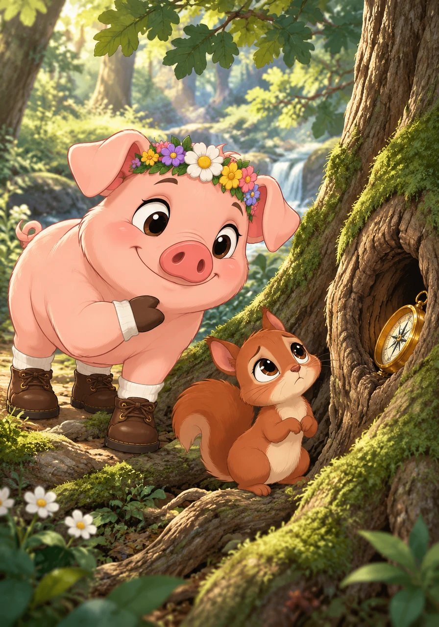 As Barnaby approached, he heard a soft squeak of distress hiding among the tangled roots. There sat Pip, a tiny woodland squirrel, gazing sorrowfully at a shiny golden compass stuck deep inside a narrow tree hollow. Barnaby offered a warm, reassuring smile and patted his chest with a shoe-clad trotter, promising to lend a helping hand.
