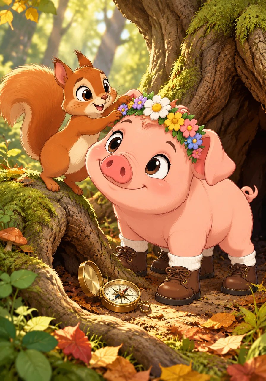 Wiggling his snout and planting his four sturdy brown shoes firmly into the soil for leverage, Barnaby carefully reached into the hollowed root. With a gentle nudge of his pink nose, he popped the shiny compass free and handed it back to Pip. The little squirrel squeaked with joy, placing a flower crown on Barnaby's head to show his gratitude.