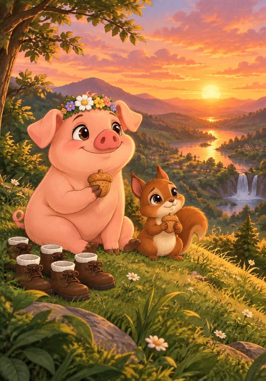 As the evening sky turned to warm shades of amber and rose, Barnaby and Pip shared a cozy snack of acorn biscuits on top of the grassy hill. With his four adventure shoes resting side by side with Pip's tiny paws, Barnaby looked out over the glowing valley, eager for all the grand journeys tomorrow would bring.