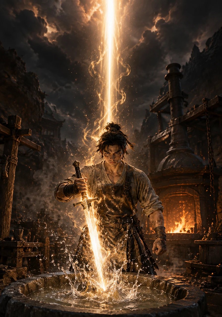 For forty-nine days and nights, Tianming labors over the roaring furnace, his hands scarred but unyielding as he pours his own spiritual energy into the metal. When the blade is finally quenched in sacred spring water, a brilliant light pierces the clouds, revealing the legendary sword known as Forever Echo.