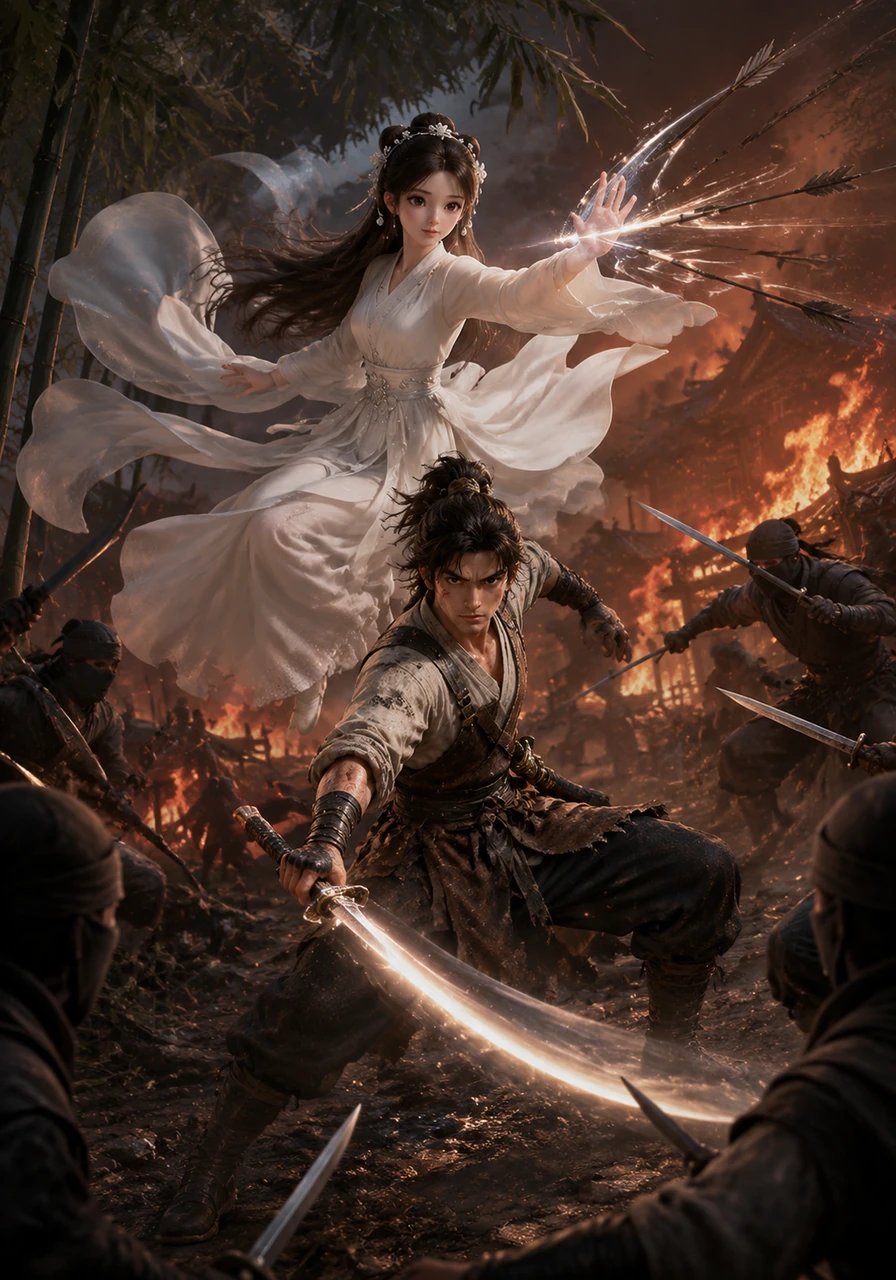 As the assassins surround the burning village, a mysterious maiden named Lin Xueyan appears from the bamboo canopy, her flowing white silks deflecting a volley of poisoned arrows. Recognizing the pure aura of the sword, she joins forces with Tianming, fighting off the attackers in a blur of martial artistry.