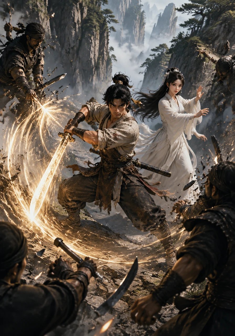 Along the jagged cliffs of Mount Hua, the duo is ambushed by the Ferocious Tiger Clan, a mercenary band hired by Prince Zhao to intercept them. Tianming unsheathes Forever Echo for the first time in true combat, the blade singing with a righteous resonance that shatters the enemy's weapons.