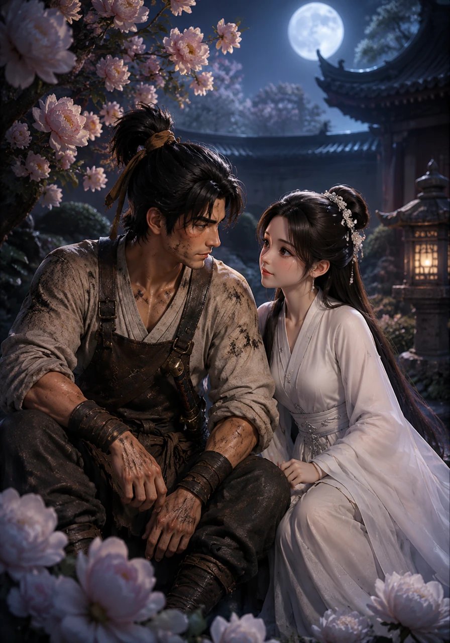 During a brief moment of peace under the blossoming peony trees of an ancient monastery, Tianming and Xueyan share a quiet conversation about their pasts. As the moonlight illuminates the courtyard, a silent bond forms between them, stronger than any vow or decree.