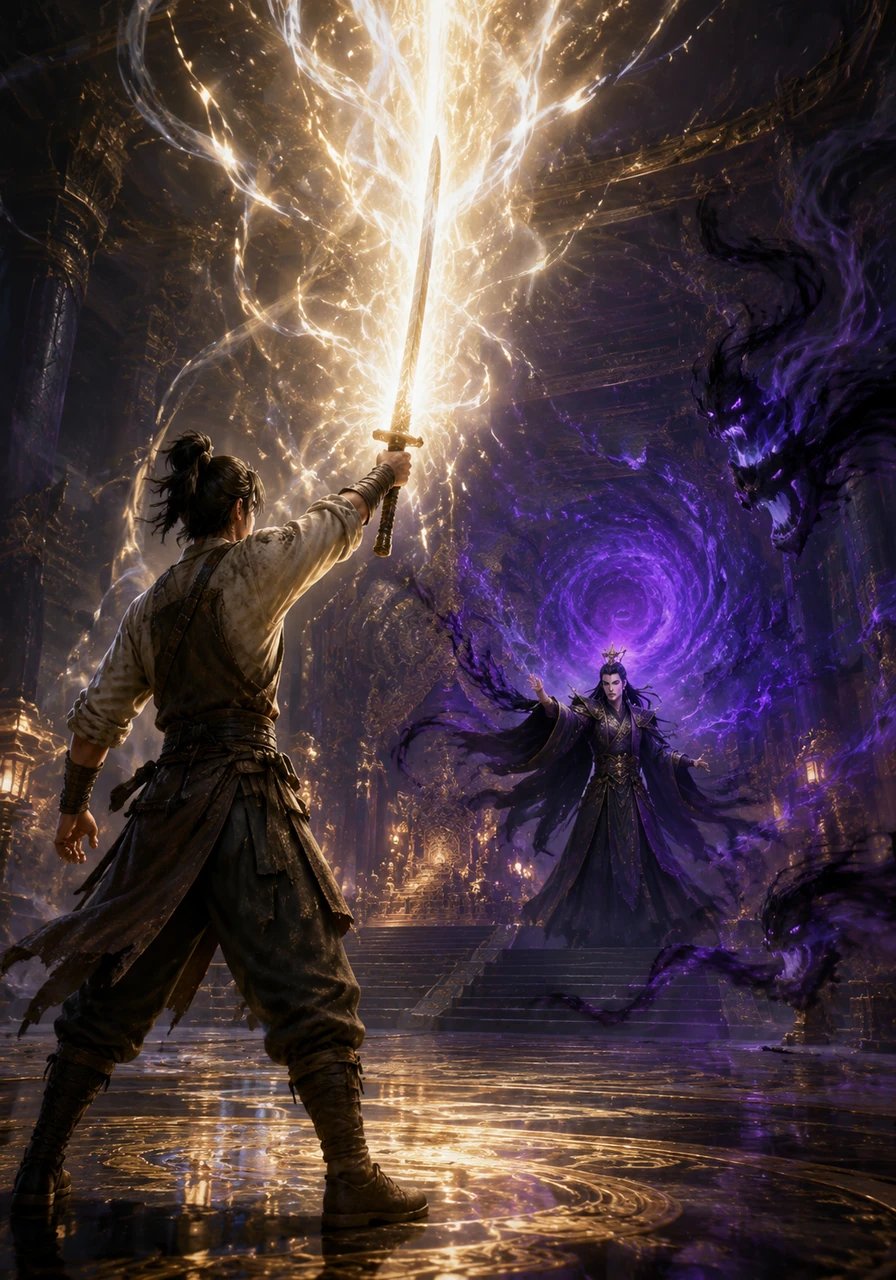 Separated in the labyrinthine corridors of the forbidden palace, Xueyan is captured, forcing Tianming to face the grand sorcerer alone in the imperial throne room. Surrounded by swirling dark magic and illusions, Tianming raises his sword, channeling the pure celestial light to dispel the shadows.