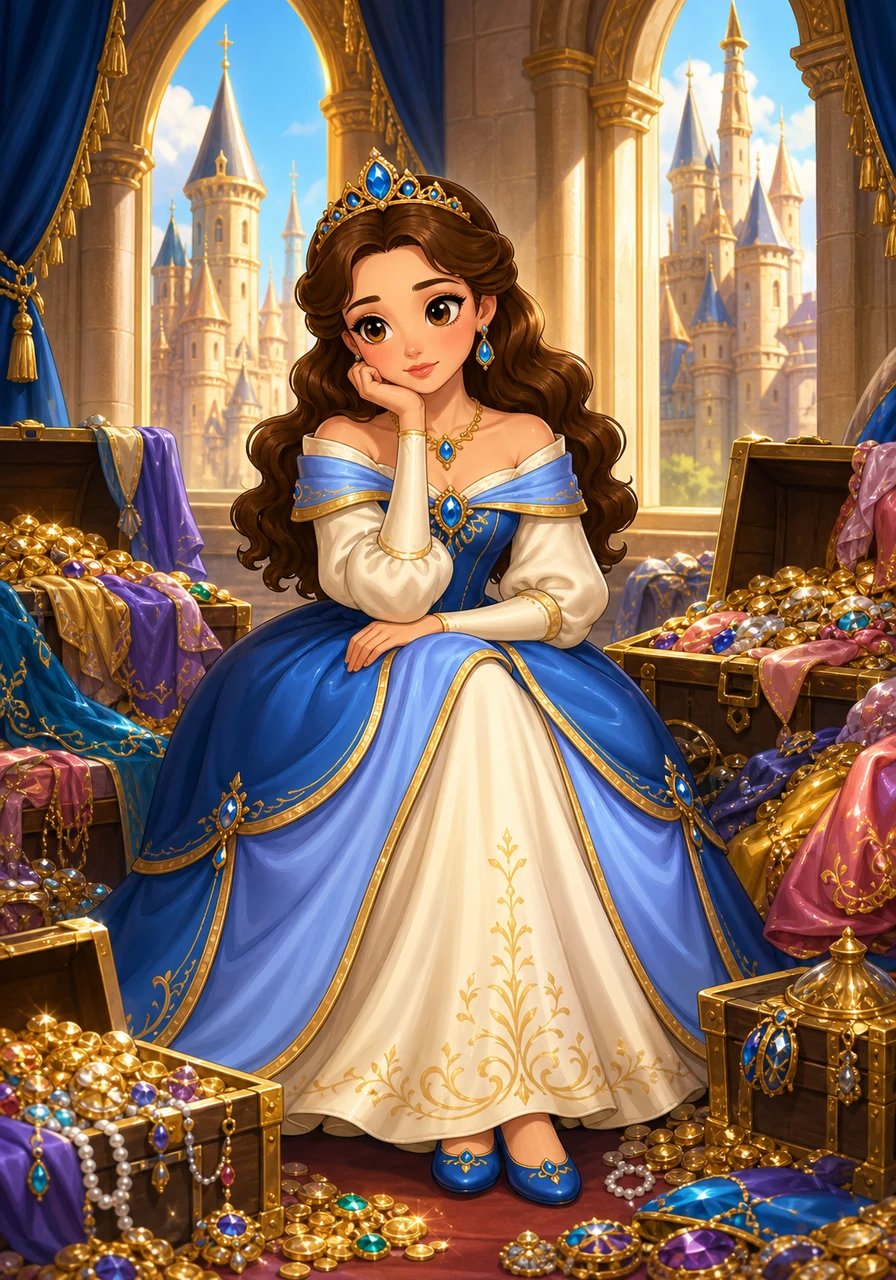 En un majestuoso castillo de torres doradas vivía la joven Princesa Sofía, la mujer más rica de todo el reino. Rodeada de cofres llenos de joyas brillantes y vestidos de seda, su hogar resplandecía con un lujo incomparable. Sin embargo, en el fondo de su corazón, Sofía deseaba que su gran fortuna tuviera un propósito lleno de alegría sincera.