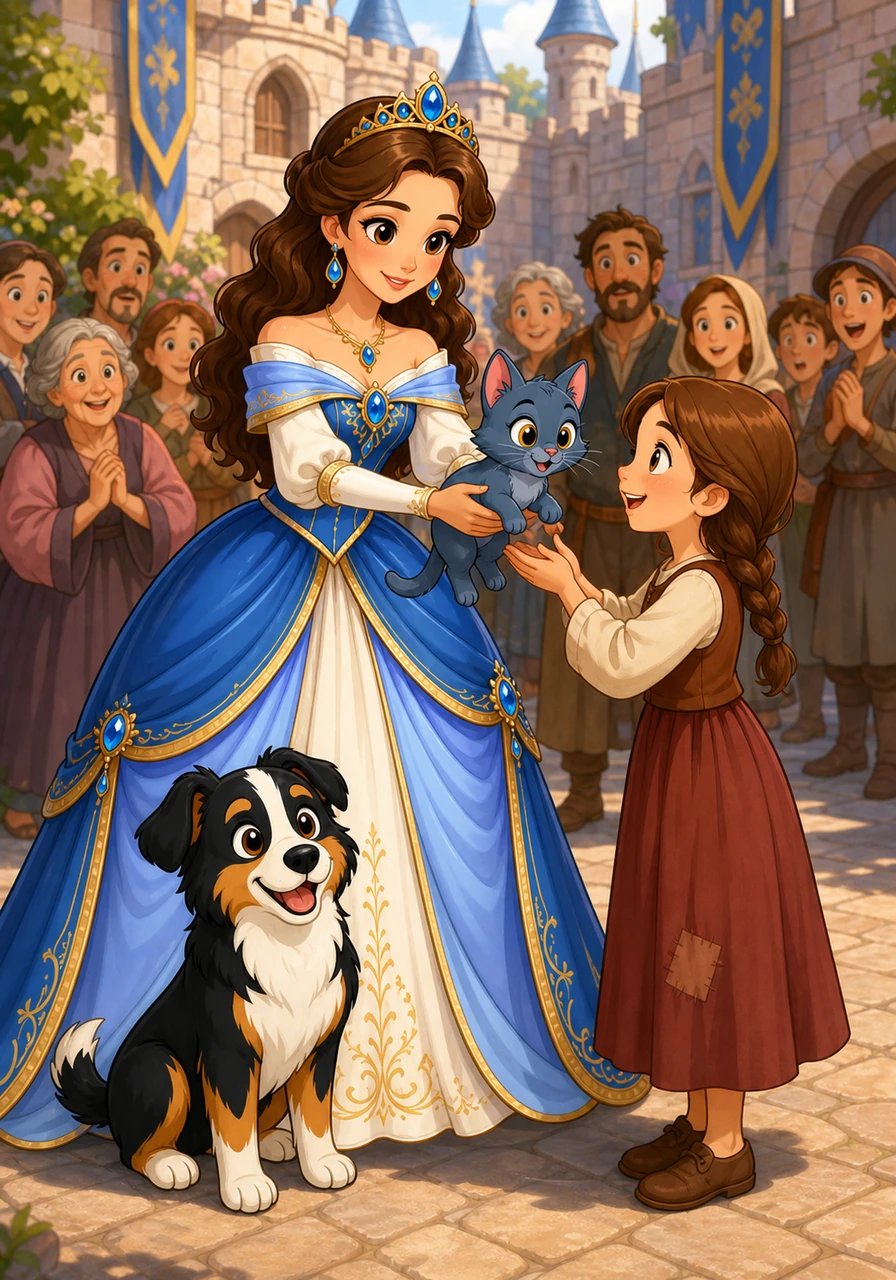 Rompiendo con las antiguas reglas de la realeza, la Princesa Sofía bajó corriendo al patio para unirse a la búsqueda. La multitud se abrió con asombro al ver a la princesa millonaria caminando entre la gente común sin protocolo alguno. Con la ayuda de Mateo y Luna, Sofía rescató con ternura al pequeño gatito y se lo devolvió a una niña sonriente.
