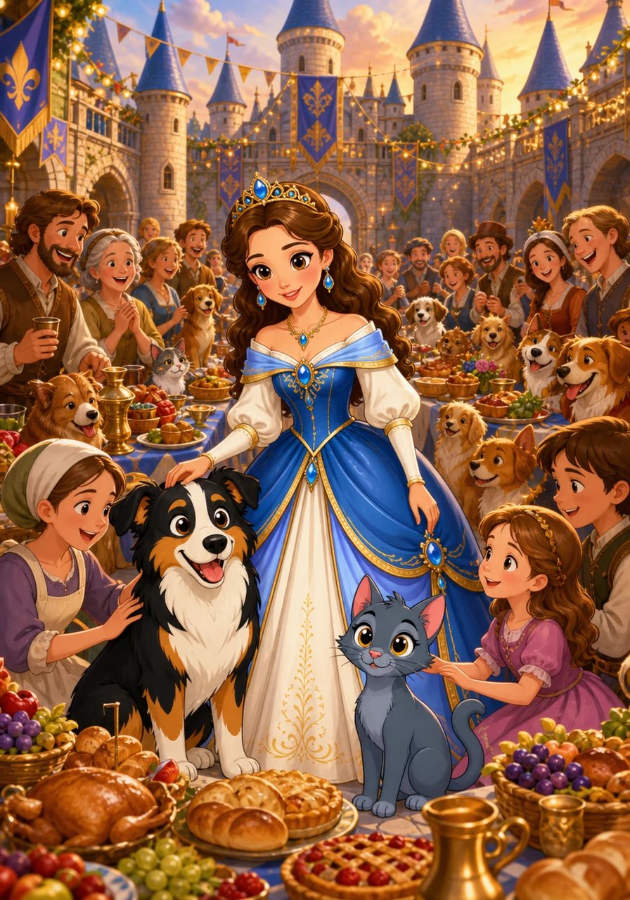 Aquel momento de unión inspiró profundamente a la princesa, quien decidió abrir de par en par sus tesoros para todos. Anunció una gran celebración donde cada habitante del reino, junto con sus perros y gatos, sería recibido como un invitado de honor. La enorme plaza del castillo se convirtió en el escenario del banquete más generoso de la historia.