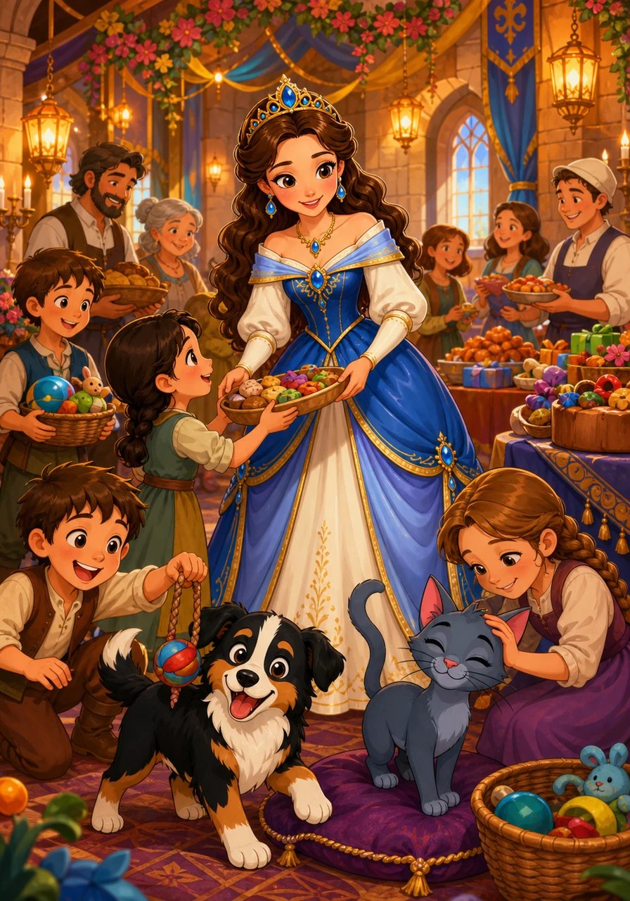 Durante el festejo, Sofía caminó alegremente entre los invitados repartiendo comida deliciosa, juguetes para las mascotas y regalos especiales. Mateo jugaba alegremente con los niños del pueblo, mientras Luna recibía caricias de decenas de amantes de los animales. El castillo ya no se sentía como una fortaleza distante, sino como un hogar cálido y acogedor.
