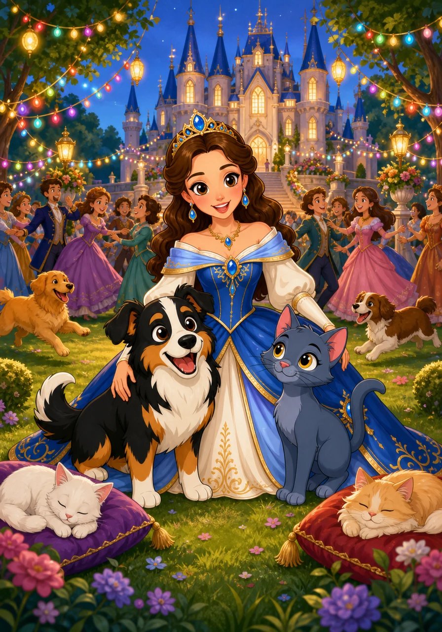 La música sonaba por todas partes mientras cientos de personas bailaban y celebraban bajo guirnaldas de luces de colores. Decenas de perros corrían felices por los prados reales y los gatos descansaban plácidamente al sol en los cojines de terciopelo. La alegría colectiva transformó el enorme palacio en un lugar vibrante y lleno de vida.