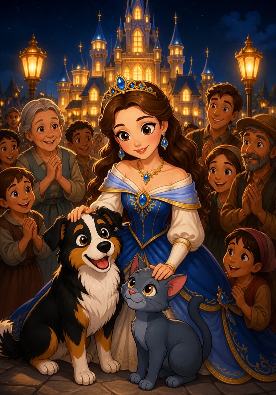 Al caer la noche, la Princesa Sofía contempló su hermoso palacio iluminado, sintiendo una plenitud que el dinero nunca pudo comprar. Acariciando a Mateo y Luna entre la multitud satisfecha, comprendió que su verdadera riqueza residía en la felicidad compartida y en el amor de su comunidad.