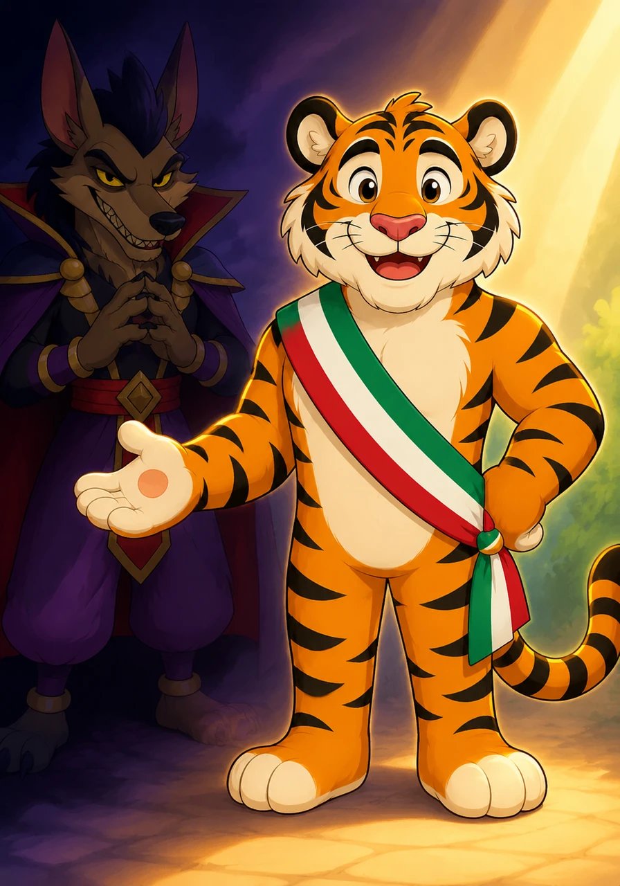 El candidato favorito de todos era un tigre muy bondadoso y sonriente que prometía cuidar y amar a cada niño por igual. En contraste, el malvado chacal observaba desde las sombras con una sonrisa maliciosa, planeando arruinar la felicidad de los pequeños.