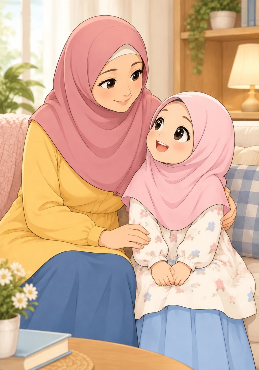 Mother smiles warmly, sits beside Fiyya, and softly explains that Allah created everything in the world. Fiyya listens intently with big, sparkling eyes, feeling cozy and loved. She feels excited to discover more about Allah's wonderful creations.