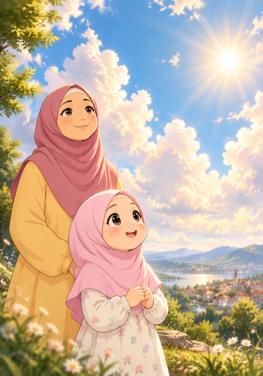 Fiyya looks back at the sky, watching the bright sun warm the earth and illuminate the clouds. She marvels at how vast and peaceful the sky looks today. Fiyya realizes that Allah designed the skies with gentle perfection.