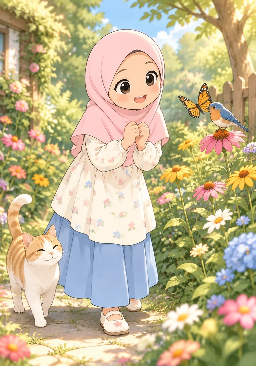 Walking through the garden, Fiyya watches a fluttering butterfly rest near a songbird while a friendly cat wanders by. She giggles as she watches the animals play among the flowers. Fiyya learns that Allah created every living creature with care.