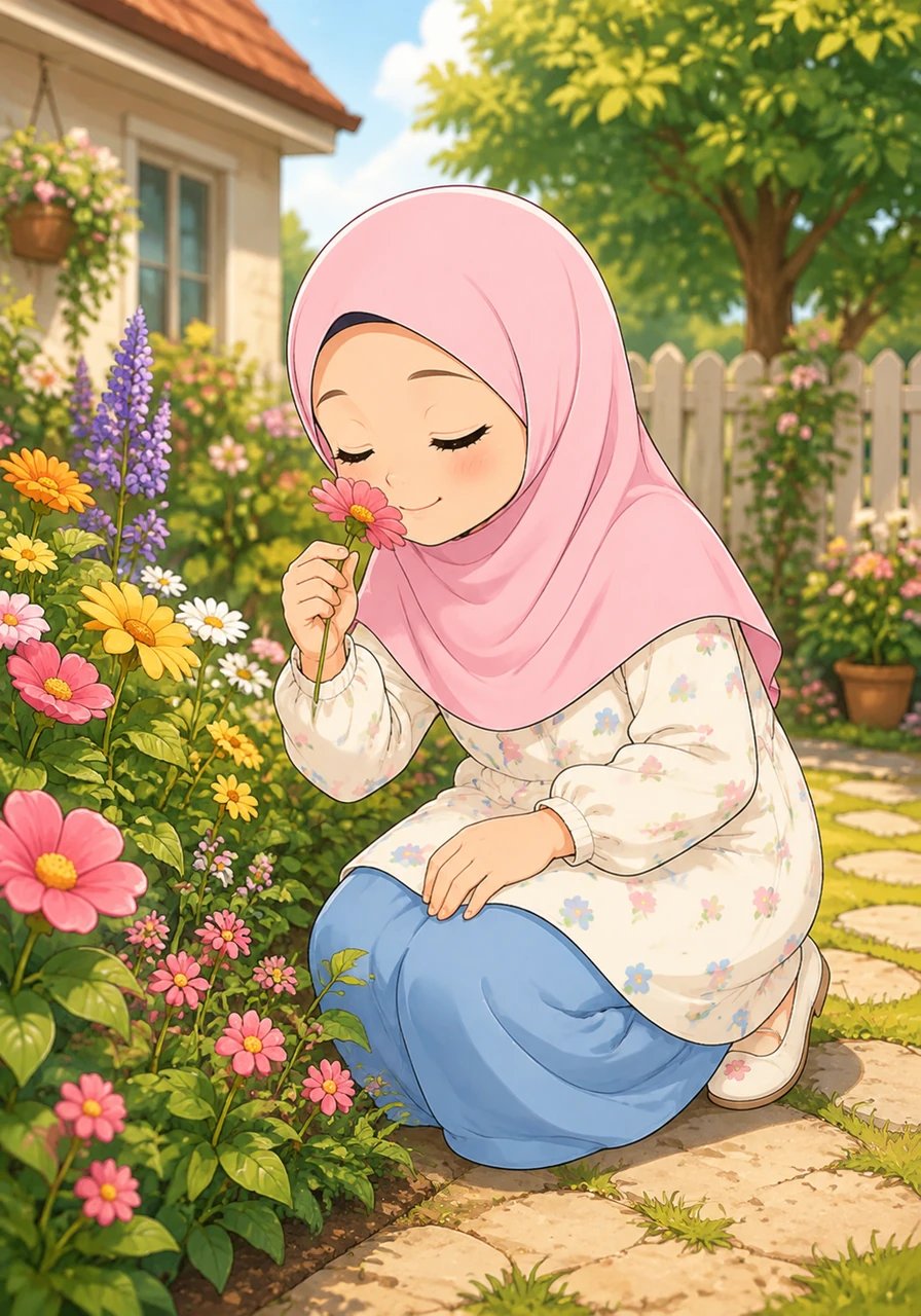 Kneeling down by the flowerbed, Fiyya gently touches a brightly colored blossom and smells its sweet scent. She feels deep happiness in her heart for the plants that grow around her home. Softly, she whispers a heartfelt thank you to Allah for the beauty of nature.
