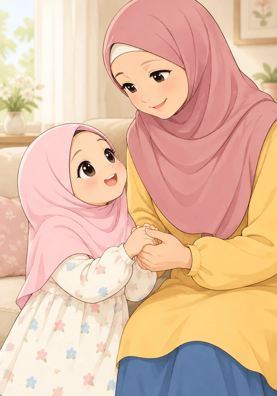 Fiyya looks down at her hands, wiggling her fingers before looking up into her mother's affectionate eyes. Her mother gently holds her hand and reminds her that Allah created Fiyya with endless love. Hearing this makes Fiyya feel extraordinarily special and cherished.