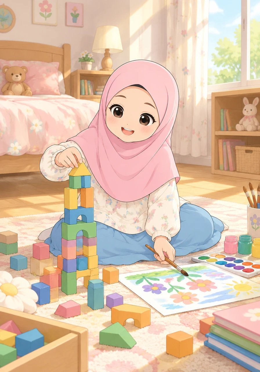 Later in the day, Fiyya happily builds towers with colorful blocks and paints pictures in her sunlit bedroom. She remembers that Allah is All-Seeing and always watches over her with loving kindness. Knowing this fills her heart with safety and peace.