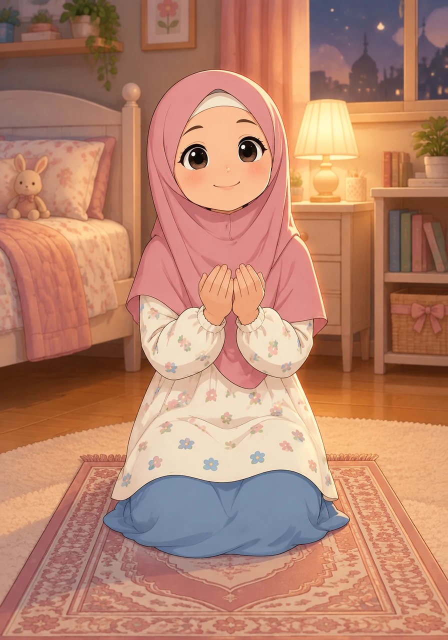 In the quiet evening, Fiyya kneels on her prayer mat in her cozy room and gently raises her hands. She speaks softly, asking Allah to bless her family and keep them safe. She feels comforted knowing that Allah is All-Hearing and listens to all her prayers.