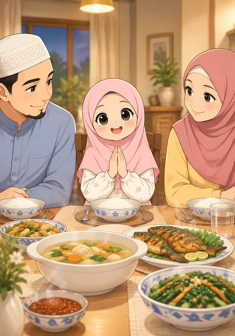 Sitting together with her family around the dinner table, Fiyya enjoys a warm meal prepared with love. She thanks Allah for the nutritious food, her loving parents, and her cozy home. Her heart shines with gratitude as everyone shares happy smiles.